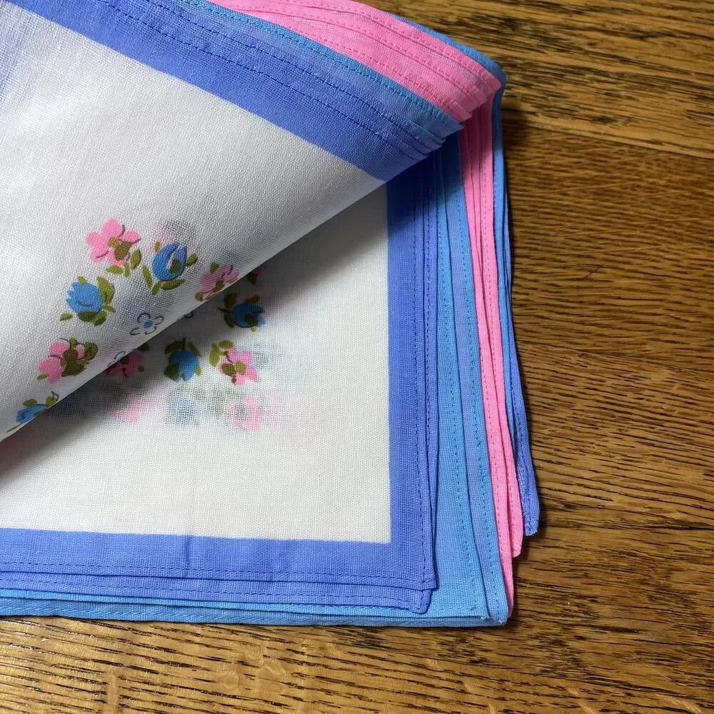 Vintage Set of 6 Handkerchiefs Blue Pink Floral NOS